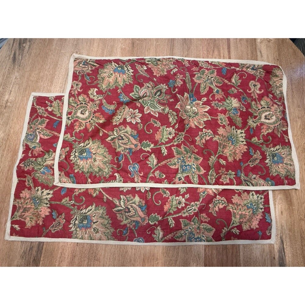 Chaps Annabelle 2 King Shams Red Jacobean Floral Paisley Jute Trim